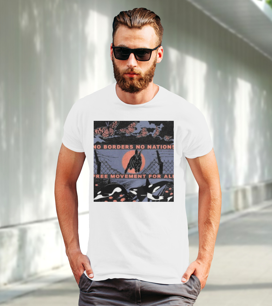 No Borders No Nations Free Movement For All Butterflies Rabbit Orcas Fence Orange Background T-Shirt