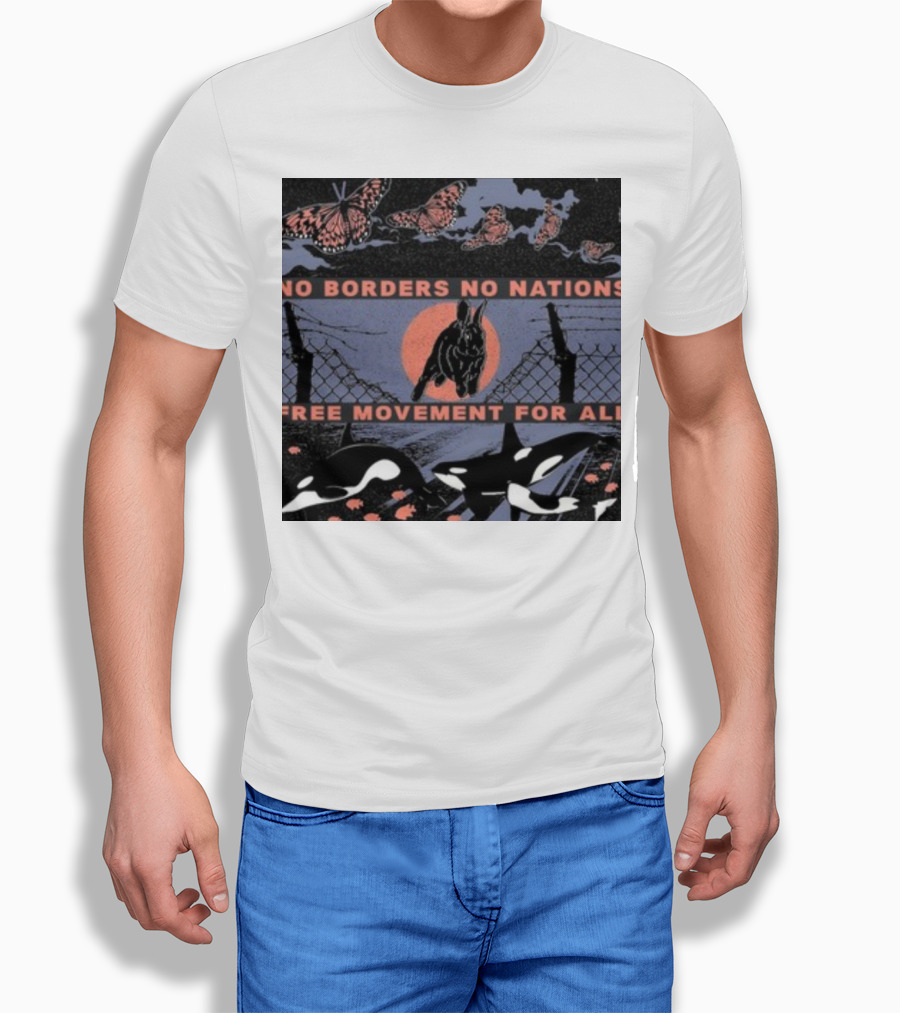 No Borders No Nations Free Movement For All Butterflies Rabbit Orcas Fence Orange Background T-Shirt