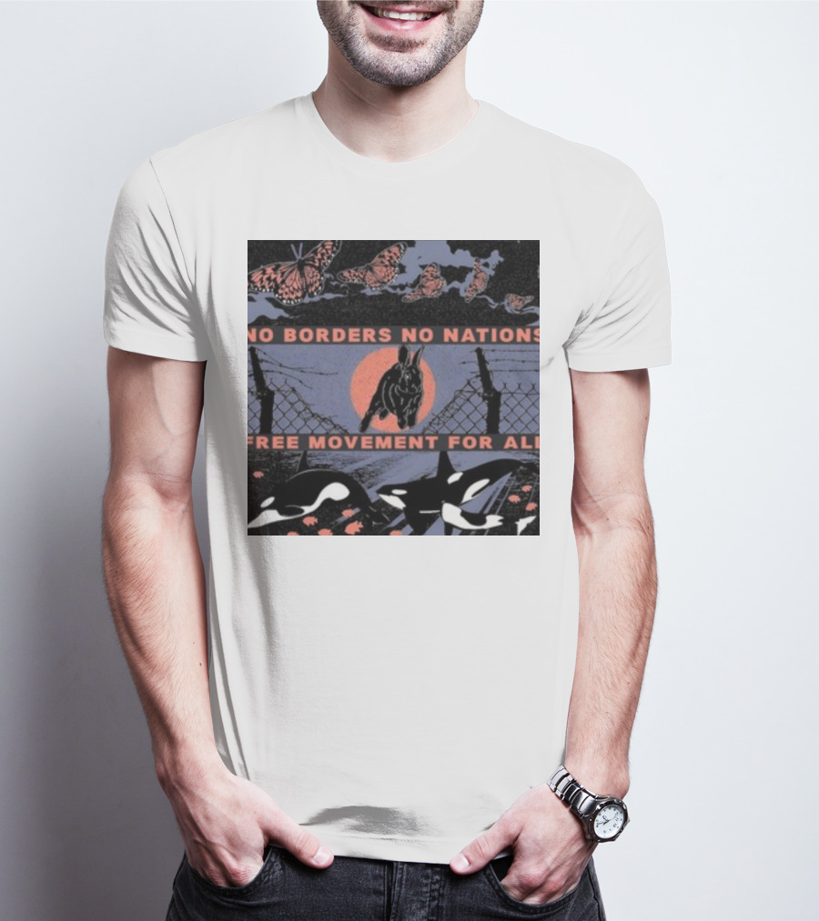 No Borders No Nations Free Movement For All Butterflies Rabbit Orcas Fence Orange Background T-Shirt