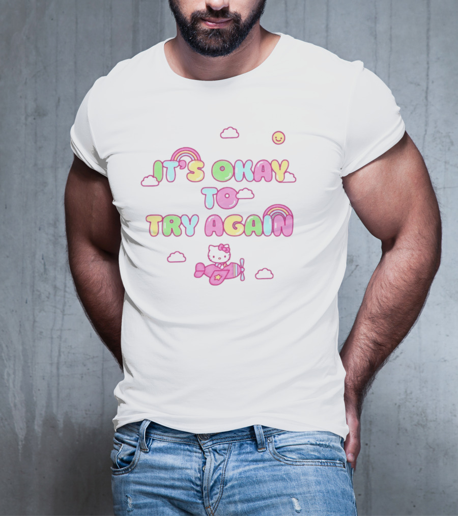 Hello Kitty It's Okay To Try Again Rainbow Clouds Airplane T-Shirt