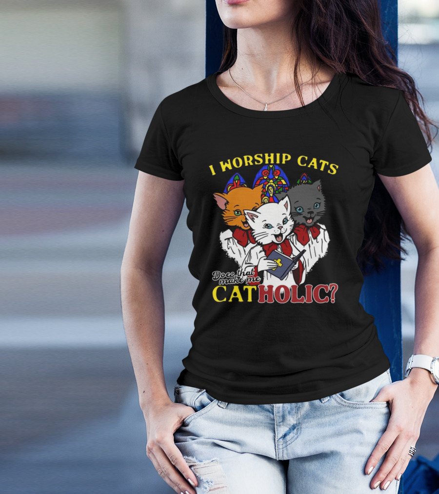 I Worship Cats Does That Make Me Catholic Cat Choir Stained Glass T-Shirt
