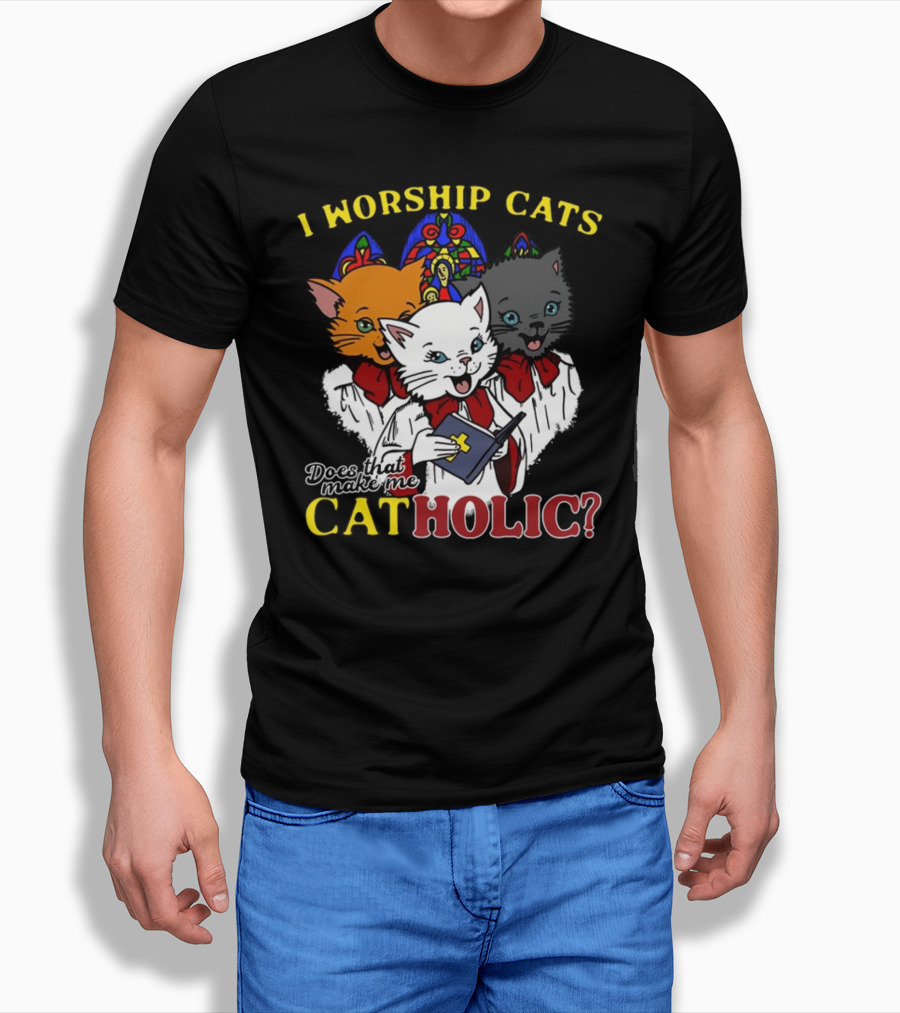 I Worship Cats Does That Make Me Catholic Cat Choir Stained Glass T-Shirt