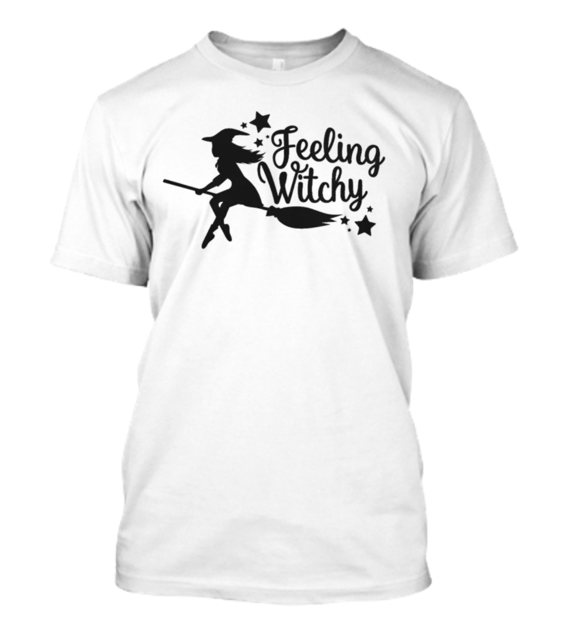 Feeling Witchy Black Silhouette Witch On Broomstick With Stars T-Shirt