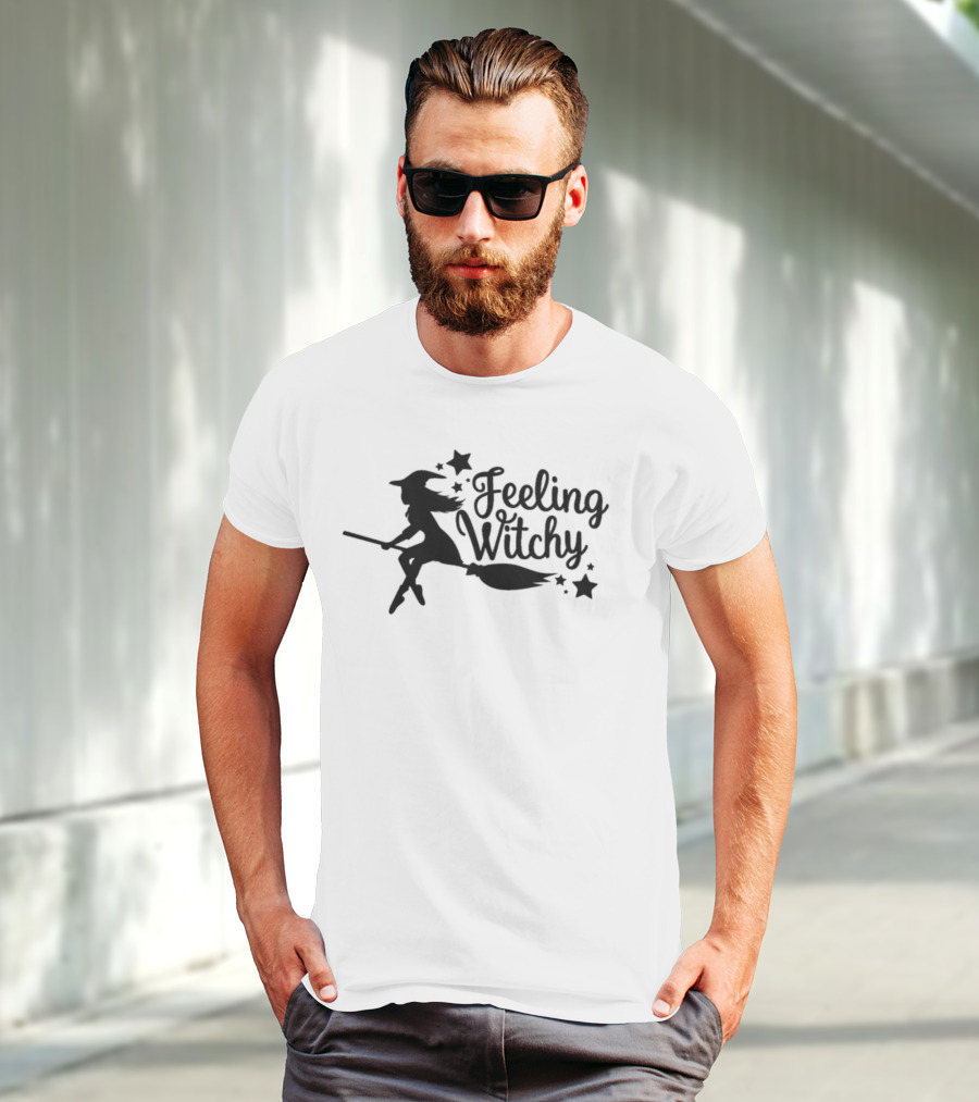 Feeling Witchy Black Silhouette Witch On Broomstick With Stars T-Shirt