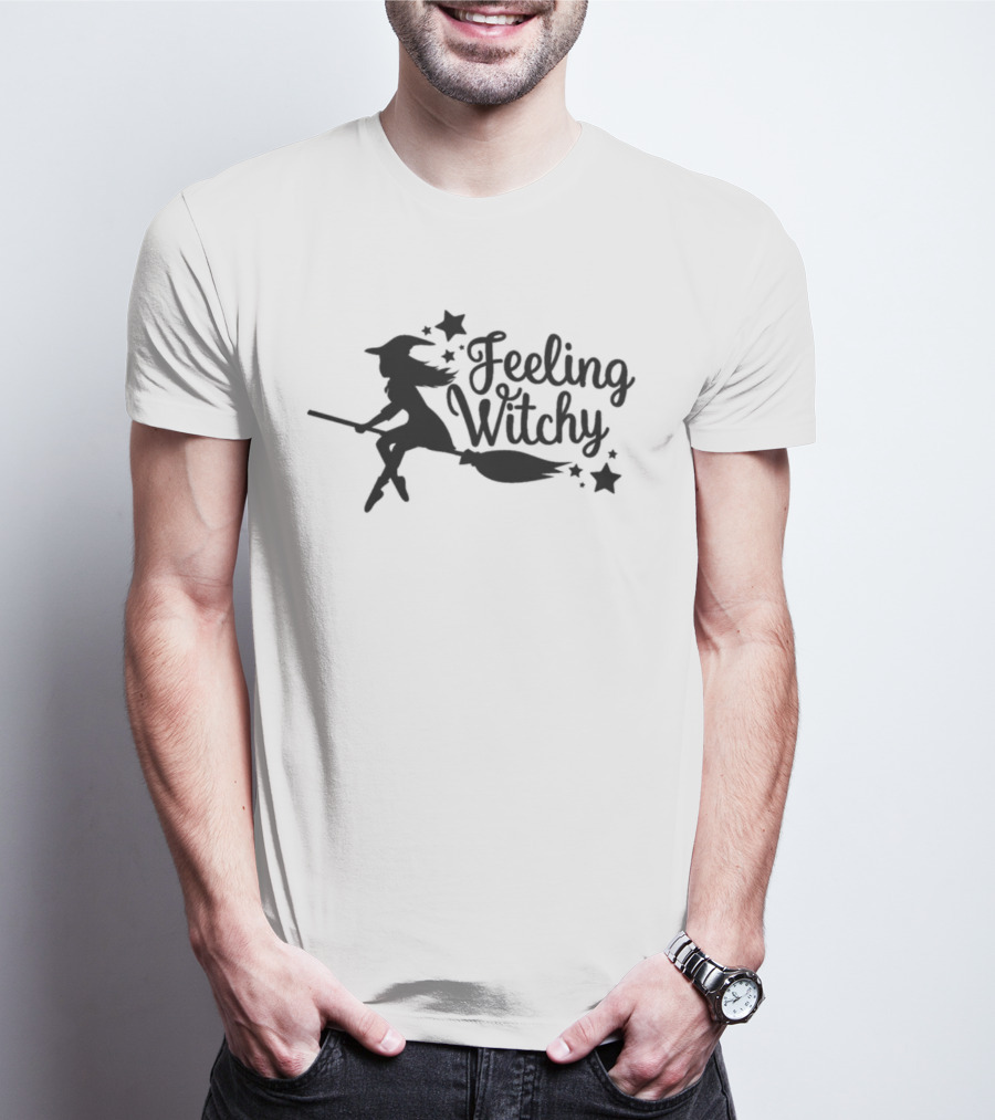 Feeling Witchy Black Silhouette Witch On Broomstick With Stars T-Shirt