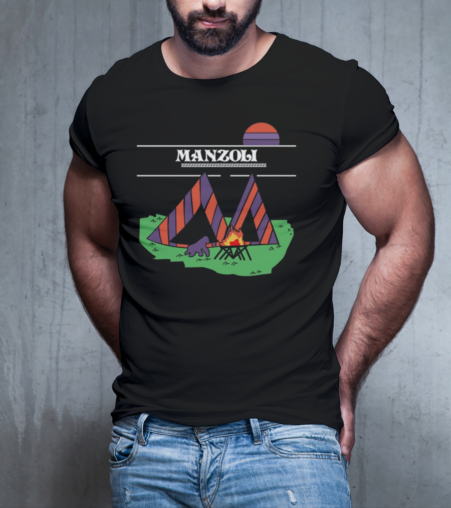 MANZOLI Tent Camping Fire Sunset Stripes T-Shirt