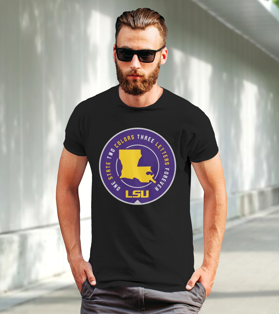 One State Two Colors Three Letters Forever LSU Louisiana Map Purple Gold Circle T-Shirt