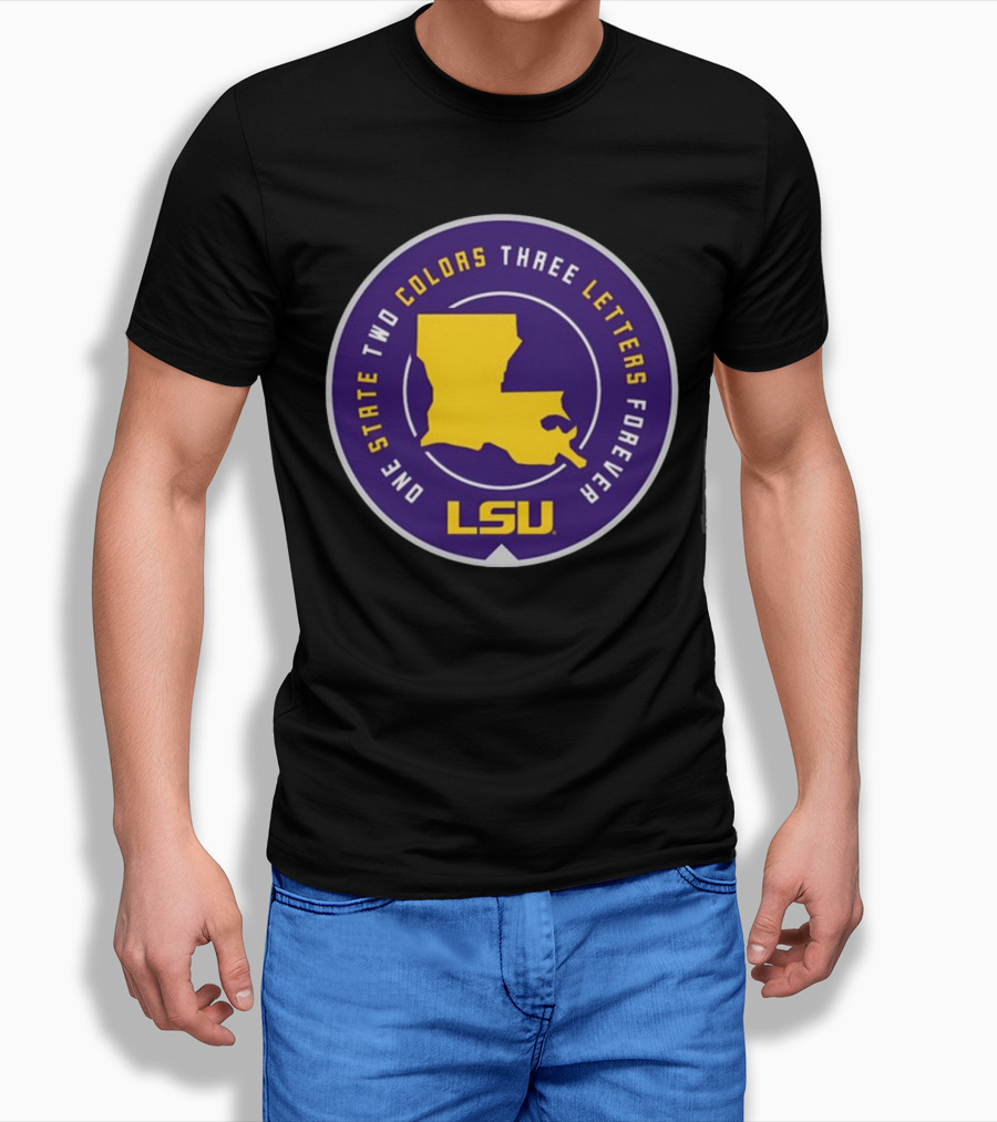One State Two Colors Three Letters Forever LSU Louisiana Map Purple Gold Circle T-Shirt