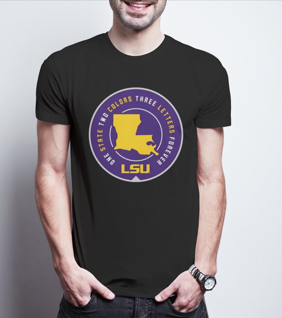 One State Two Colors Three Letters Forever LSU Louisiana Map Purple Gold Circle T-Shirt