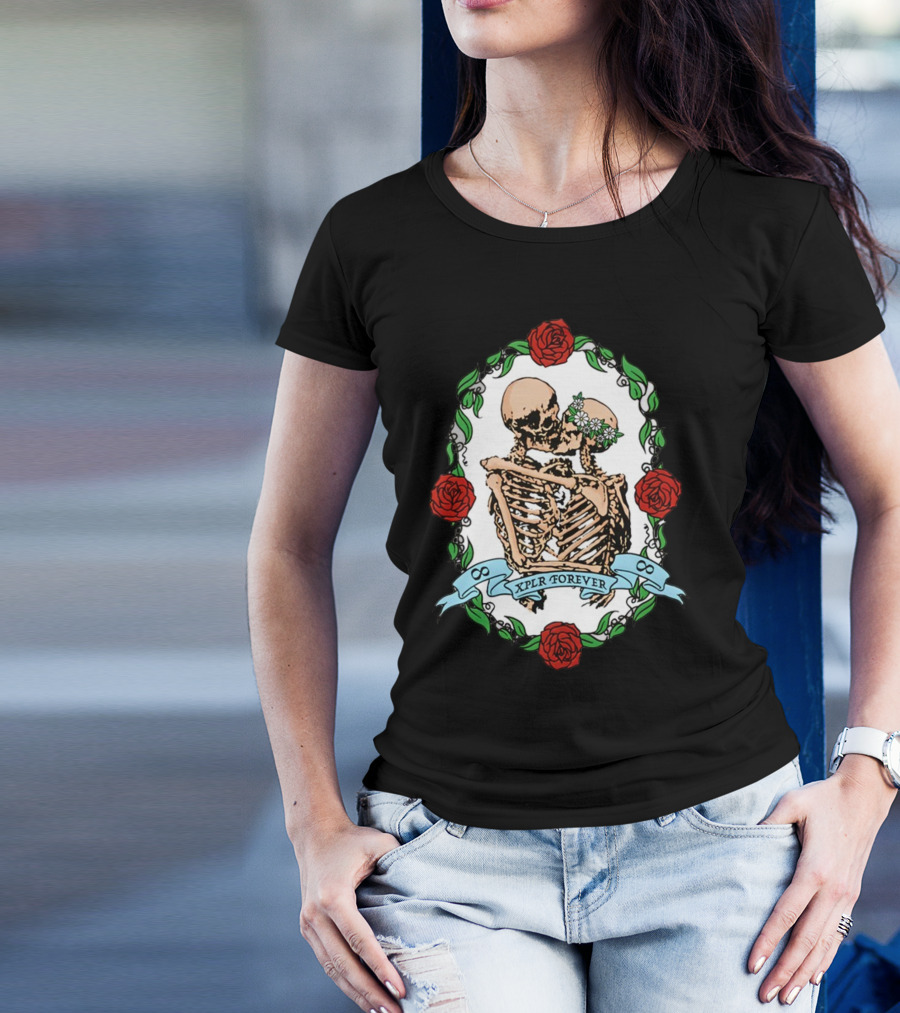 Xplr Forever Skeletons Embrace With Roses And Floral Wreath T-Shirt