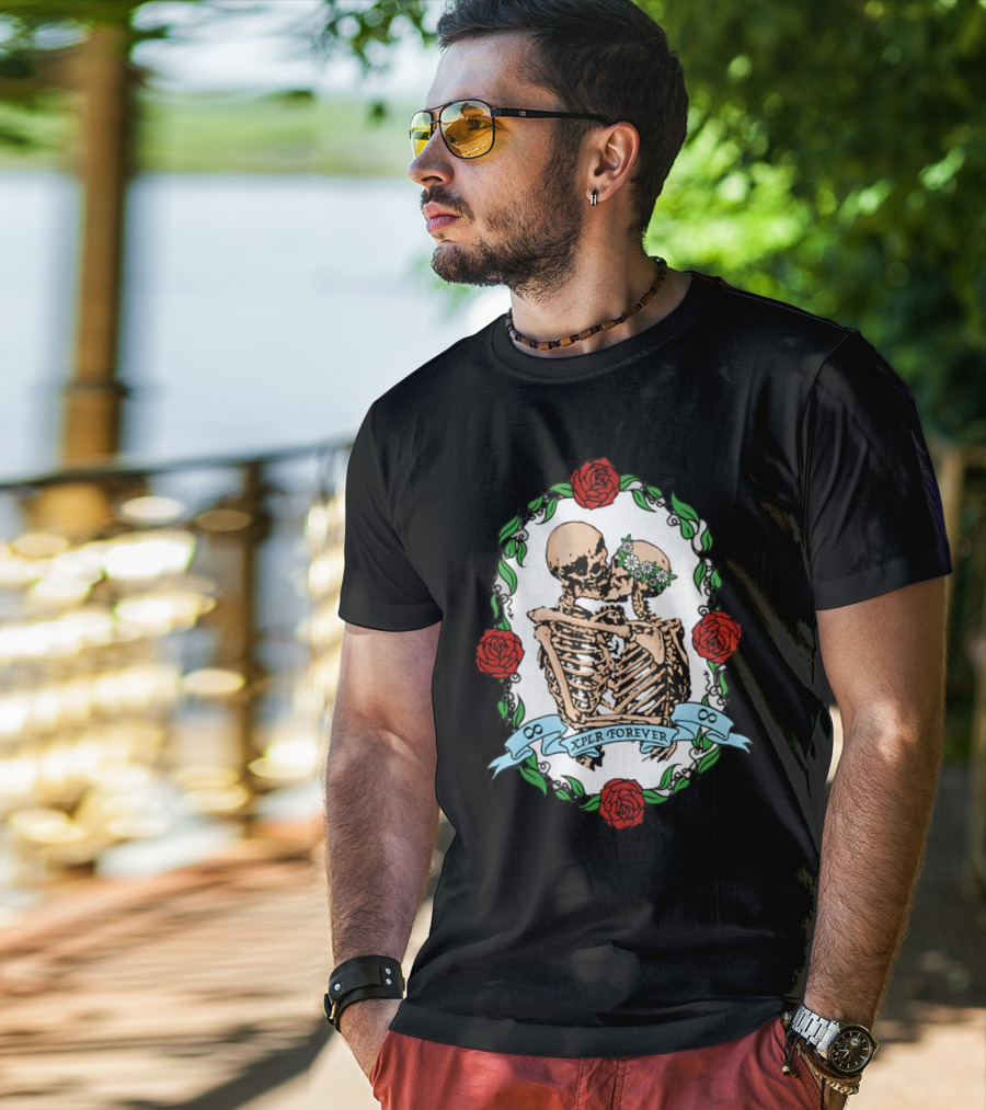Xplr Forever Skeletons Embrace With Roses And Floral Wreath T-Shirt