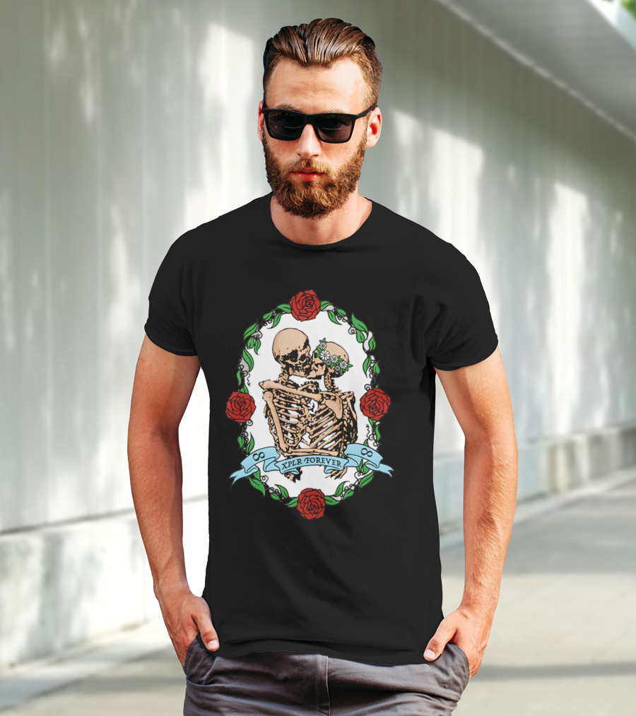Xplr Forever Skeletons Embrace With Roses And Floral Wreath T-Shirt