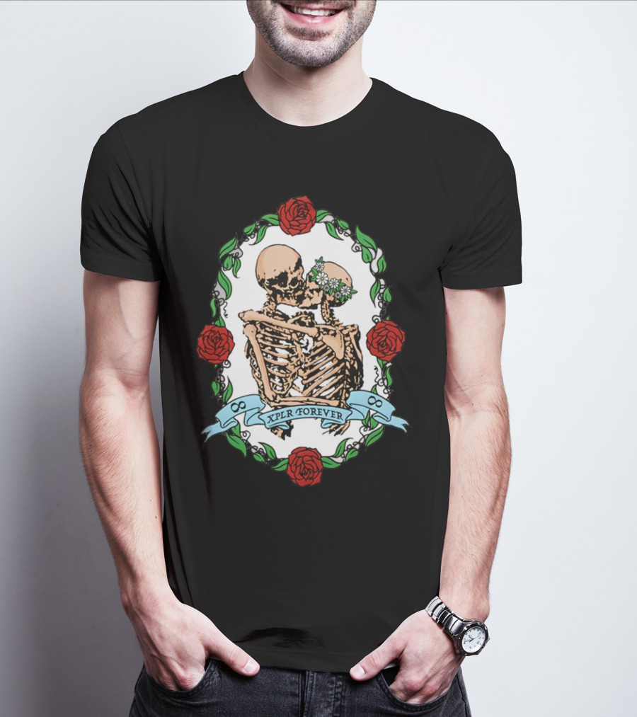 Xplr Forever Skeletons Embrace With Roses And Floral Wreath T-Shirt