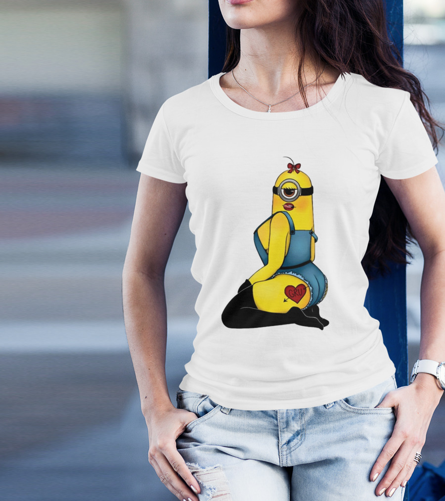 Minion In Blue Overalls With Gru Heart Tattoo And Red Bow T-Shirt