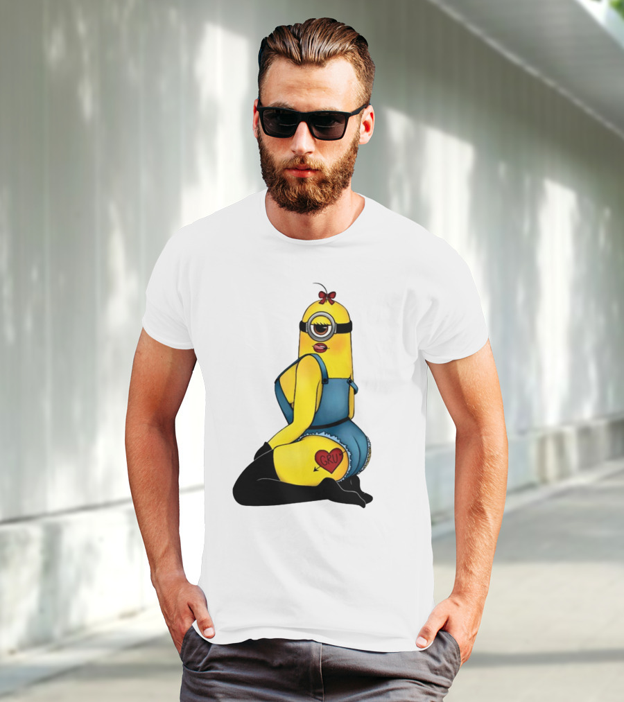Minion In Blue Overalls With Gru Heart Tattoo And Red Bow T-Shirt