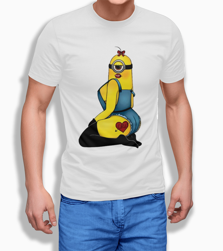Minion In Blue Overalls With Gru Heart Tattoo And Red Bow T-Shirt