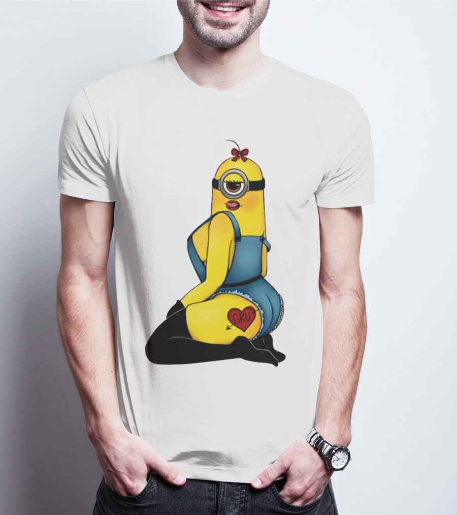 Minion In Blue Overalls With Gru Heart Tattoo And Red Bow T-Shirt
