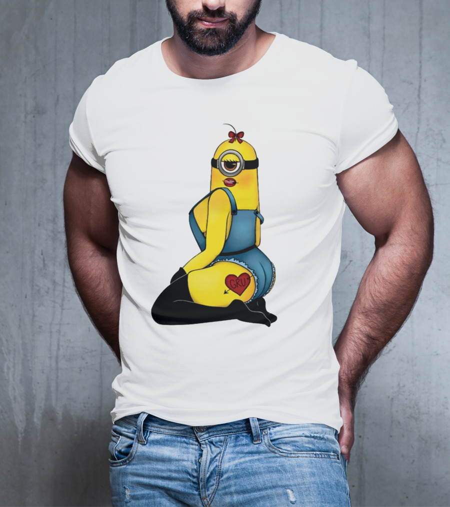 Minion In Blue Overalls With Gru Heart Tattoo And Red Bow T-Shirt