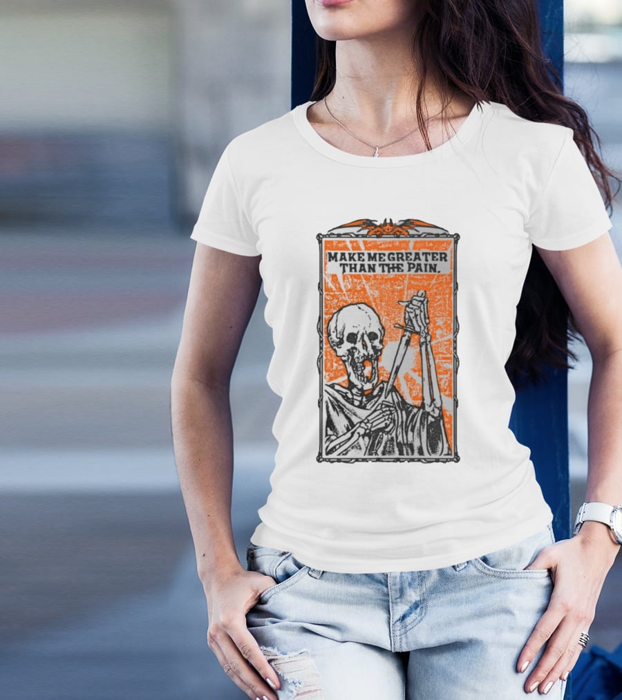 Make Me Greater Than The Pain Skeleton With Sword On Orange Background T-Shirt