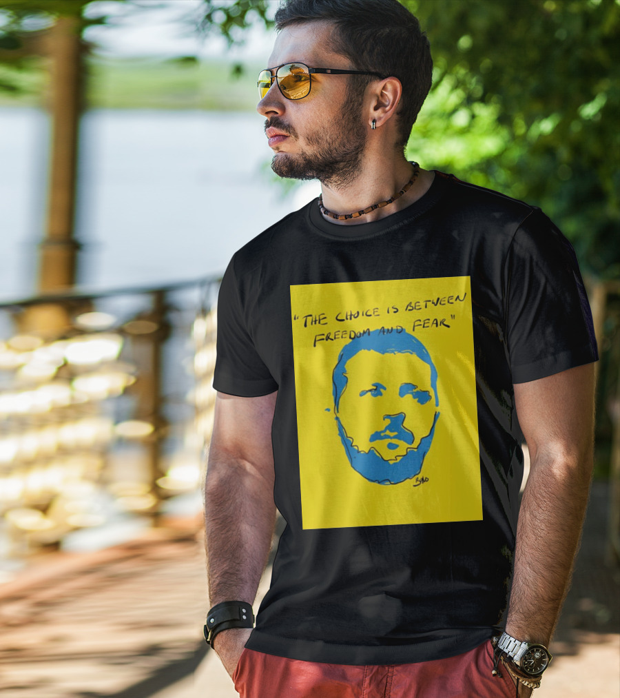 The Choice Is Between Freedom And Fear Blue Portrait Yellow Background T-Shirt