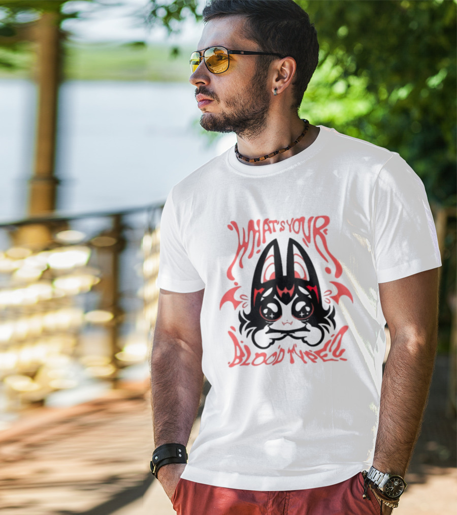 WHAT'S YOUR BLOOD TYPE? KAWAII BAT CHARACTER IN RED AND BLACK T-Shirt