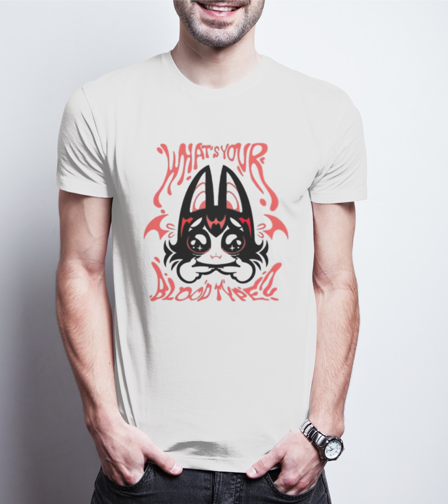 WHAT'S YOUR BLOOD TYPE? KAWAII BAT CHARACTER IN RED AND BLACK T-Shirt