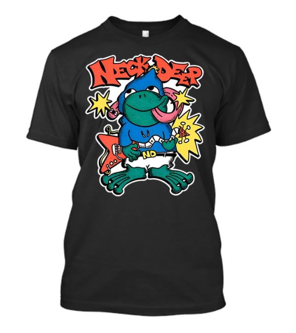 Neck Deep Frog Cartoon Character Holding Red Electric Guitar With Stars And No Belt T-Shirt