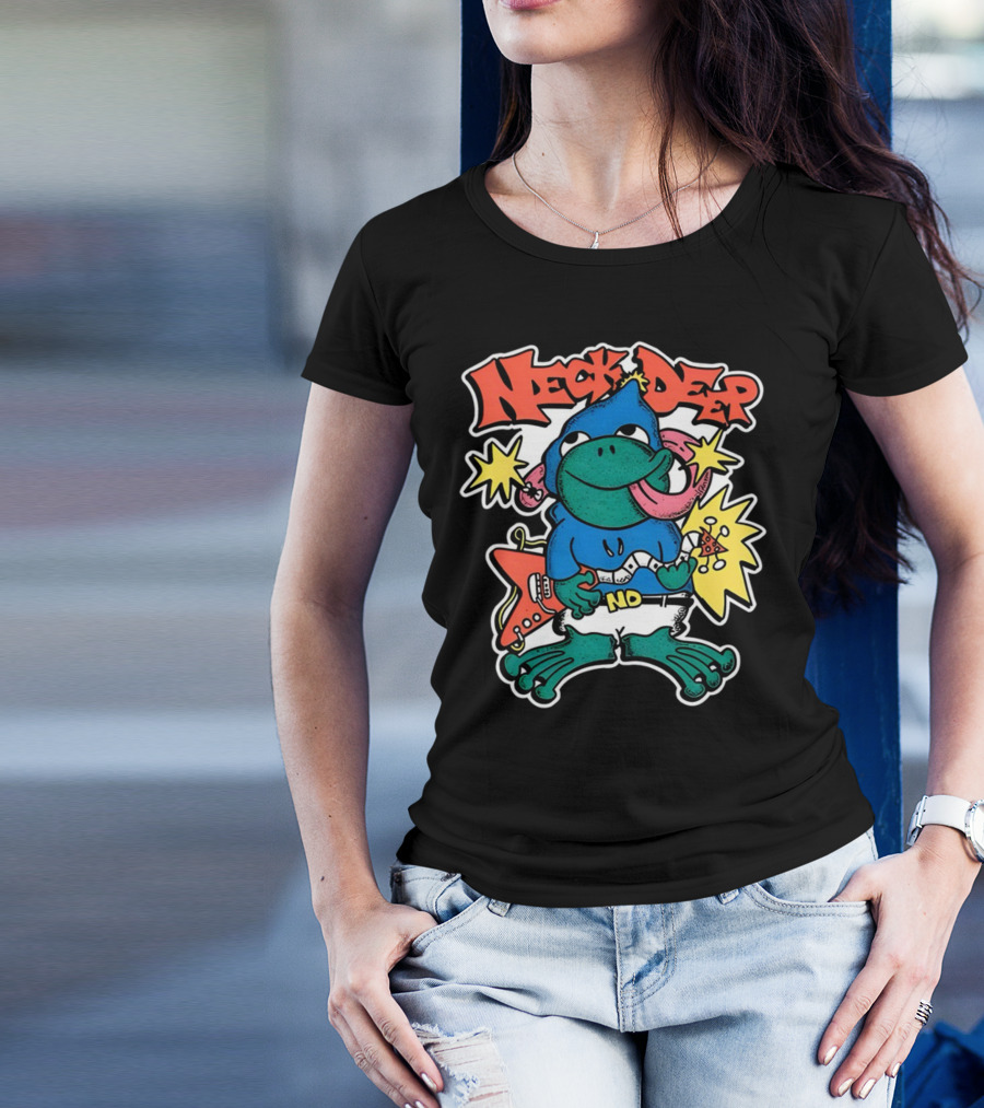 Neck Deep Frog Cartoon Character Holding Red Electric Guitar With Stars And No Belt T-Shirt