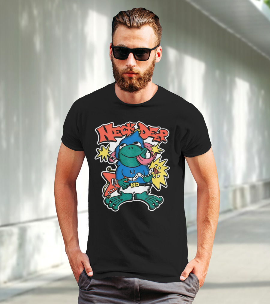 Neck Deep Frog Cartoon Character Holding Red Electric Guitar With Stars And No Belt T-Shirt