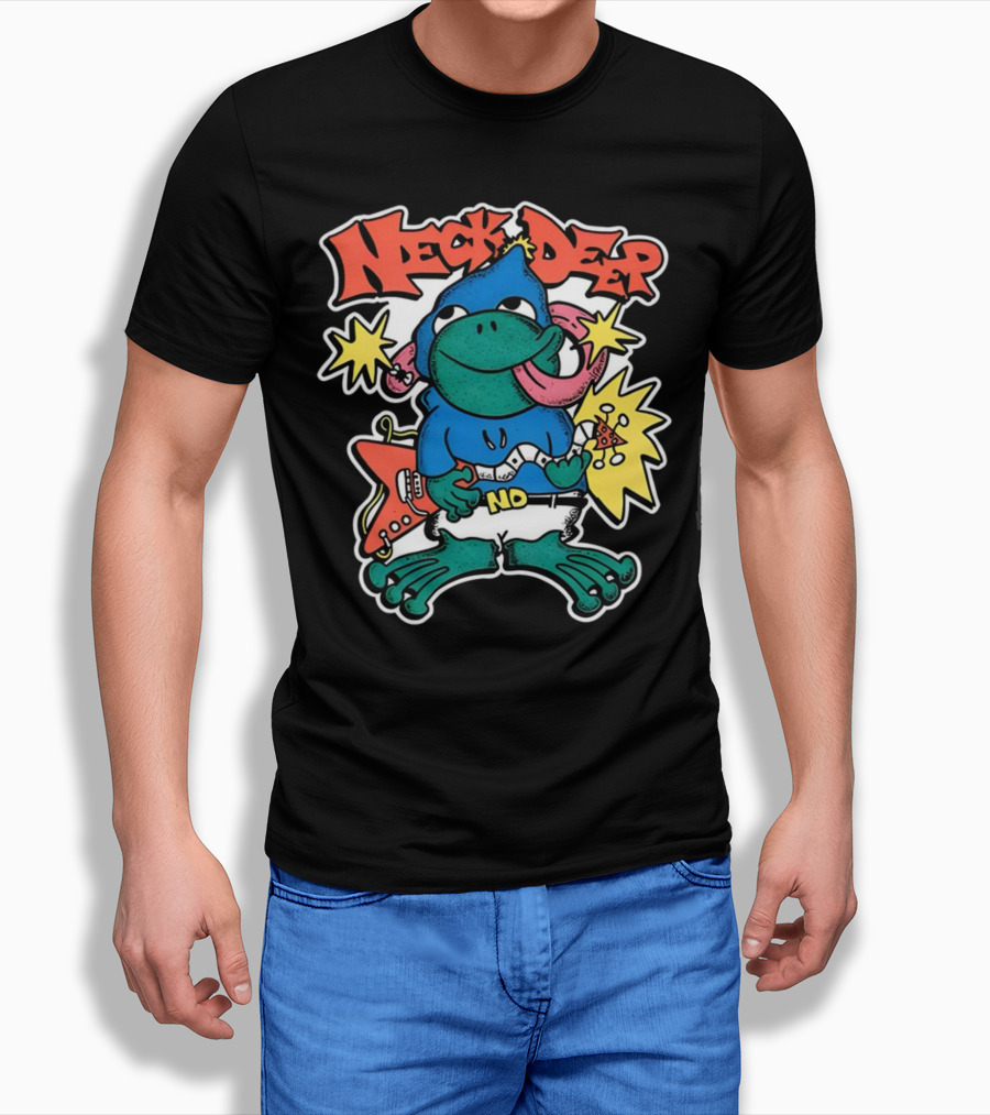 Neck Deep Frog Cartoon Character Holding Red Electric Guitar With Stars And No Belt T-Shirt