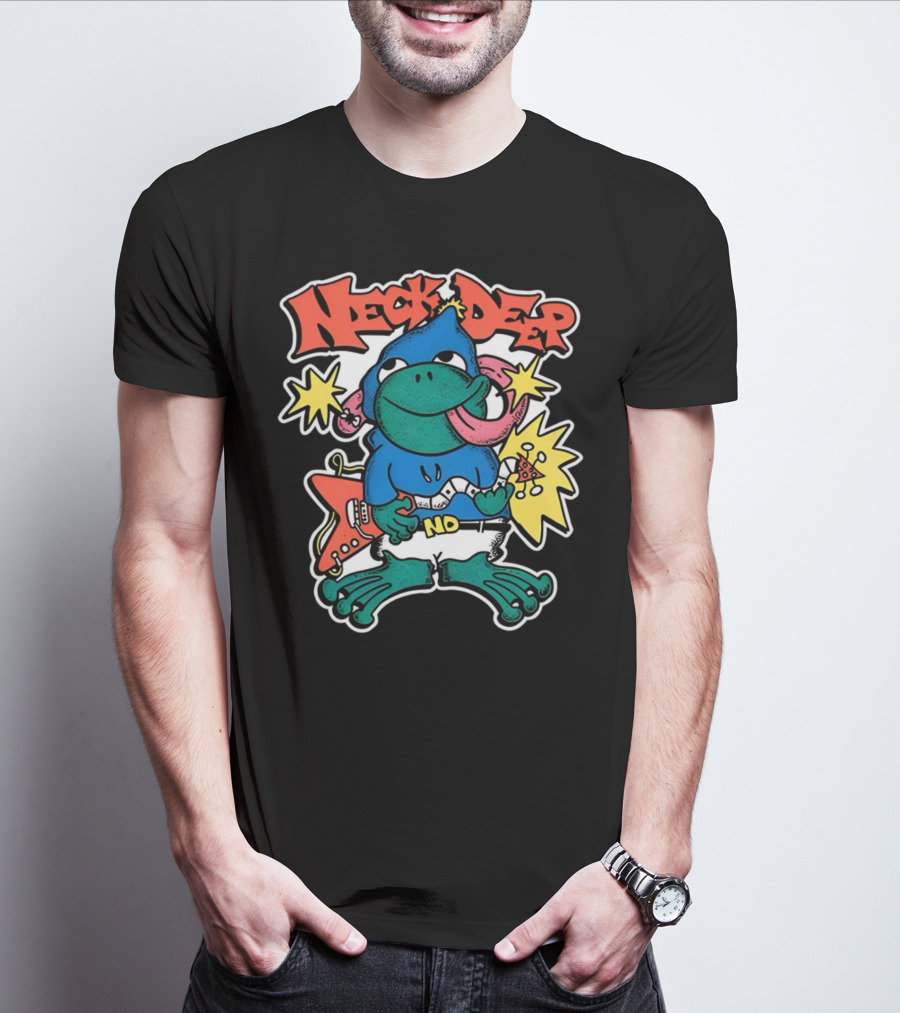 Neck Deep Frog Cartoon Character Holding Red Electric Guitar With Stars And No Belt T-Shirt