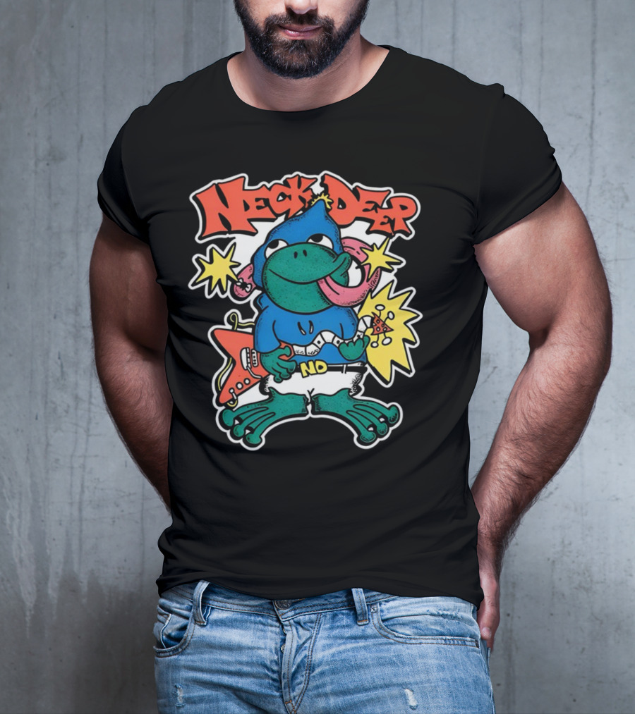 Neck Deep Frog Cartoon Character Holding Red Electric Guitar With Stars And No Belt T-Shirt