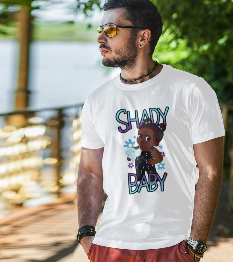 Shady Baby Cute Cartoon Character Holding Blue Elephant With Purple And Blue Flowers T-Shirt