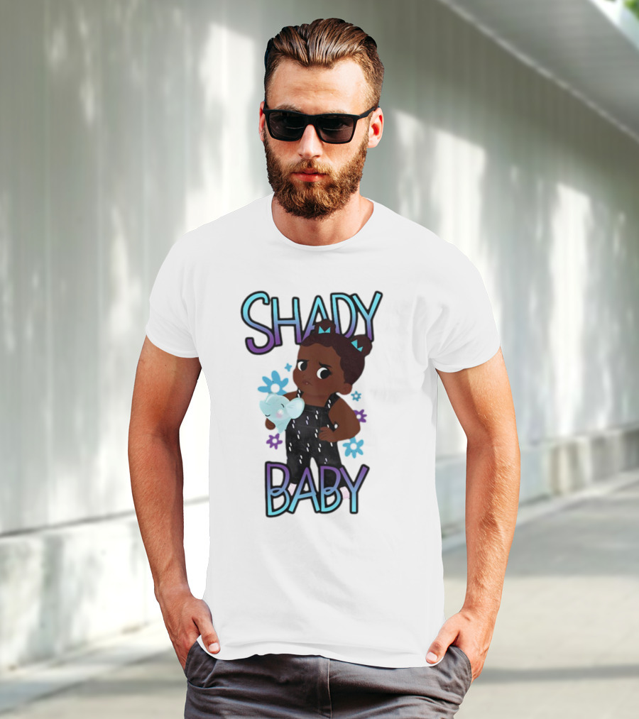 Shady Baby Cute Cartoon Character Holding Blue Elephant With Purple And Blue Flowers T-Shirt