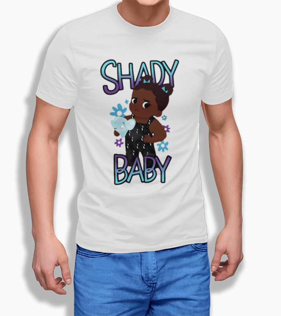 Shady Baby Cute Cartoon Character Holding Blue Elephant With Purple And Blue Flowers T-Shirt