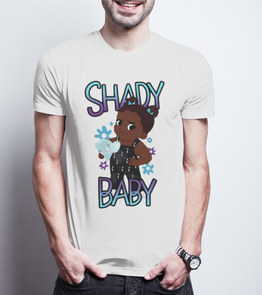 Shady Baby Cute Cartoon Character Holding Blue Elephant With Purple And Blue Flowers T-Shirt