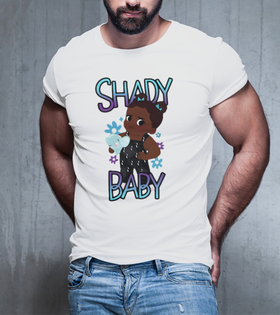 Shady Baby Cute Cartoon Character Holding Blue Elephant With Purple And Blue Flowers T-Shirt