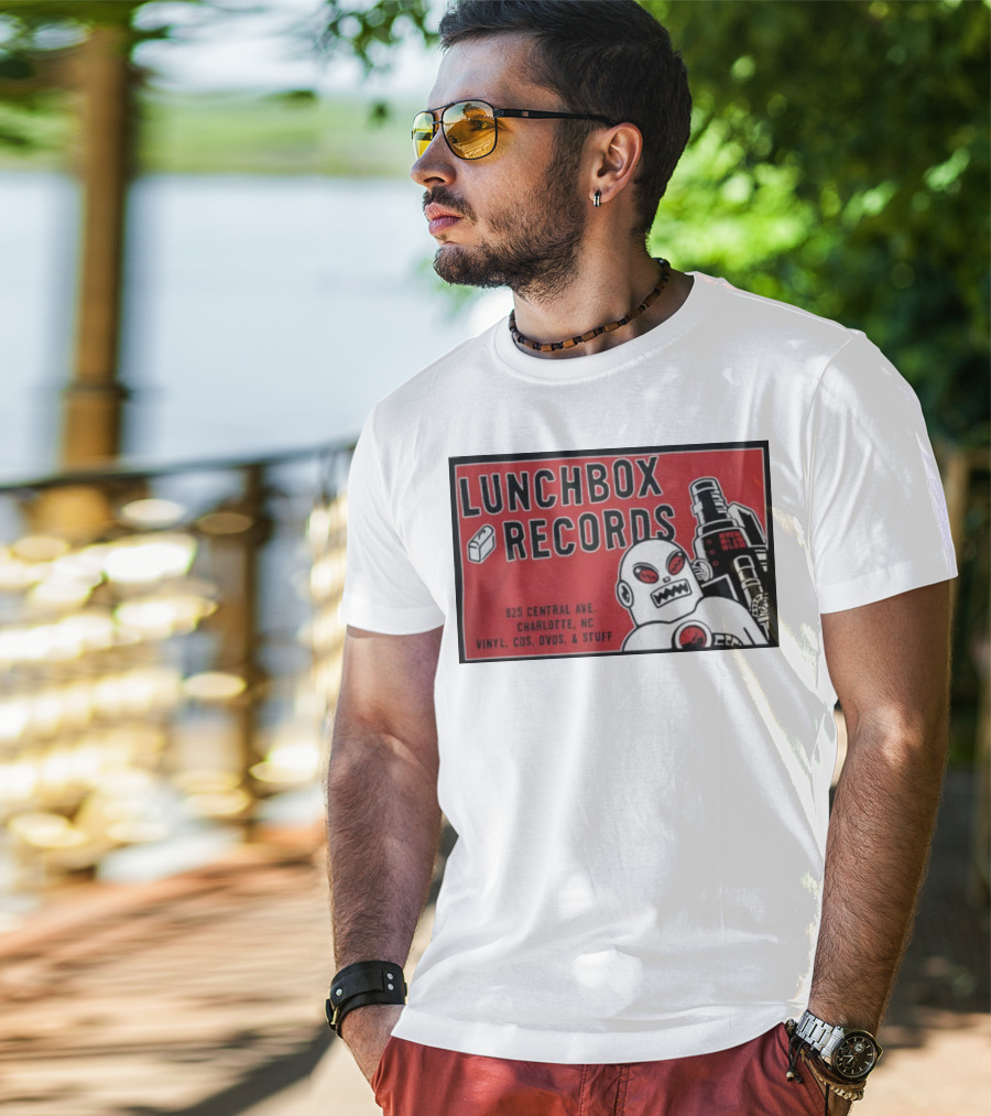 Lunchbox Records 825 Central Ave Charlotte NC Vinyl CDs DVDs Stuff Robot T-Shirt