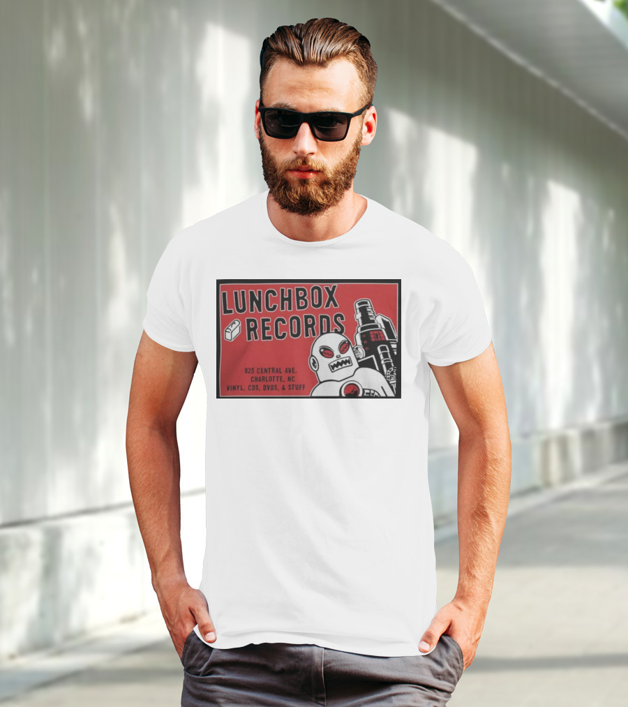 Lunchbox Records 825 Central Ave Charlotte NC Vinyl CDs DVDs Stuff Robot T-Shirt