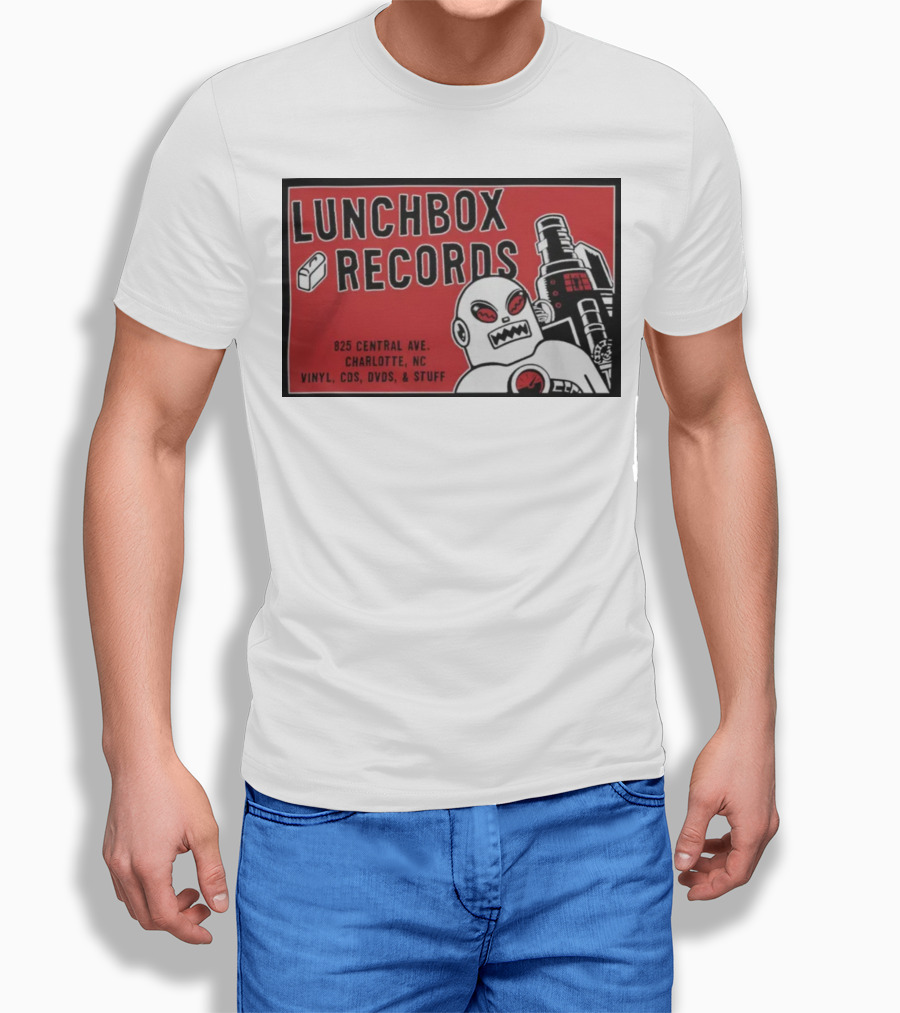 Lunchbox Records 825 Central Ave Charlotte NC Vinyl CDs DVDs Stuff Robot T-Shirt