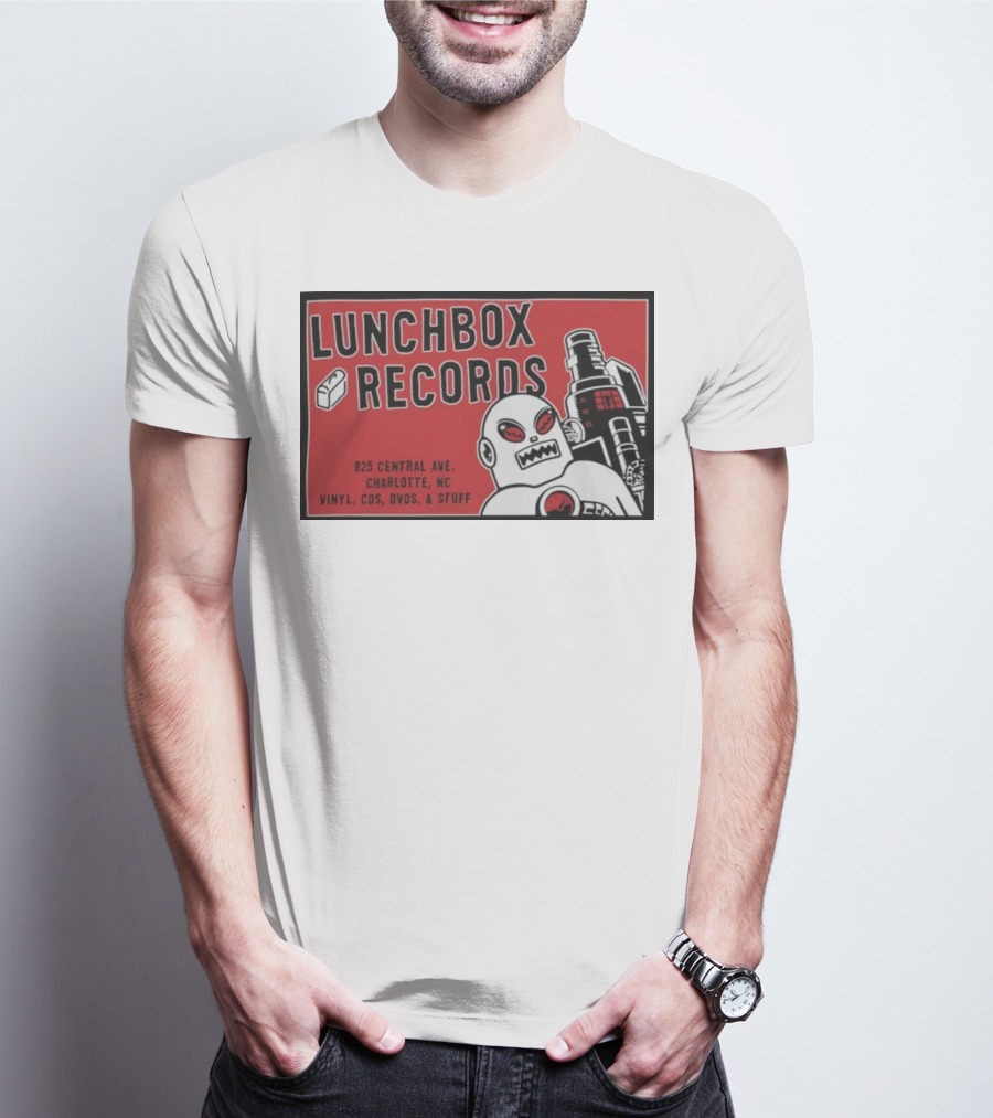 Lunchbox Records 825 Central Ave Charlotte NC Vinyl CDs DVDs Stuff Robot T-Shirt