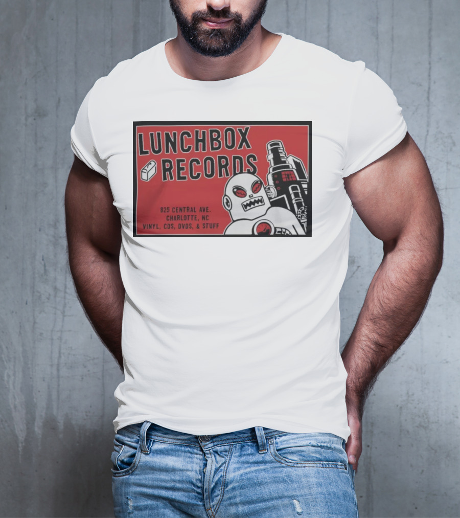 Lunchbox Records 825 Central Ave Charlotte NC Vinyl CDs DVDs Stuff Robot T-Shirt