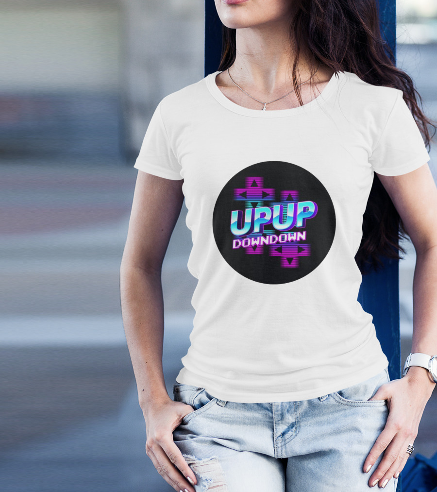 UPUP DOWNDOWN Retro Video Game Arrows Neon Text T-Shirt