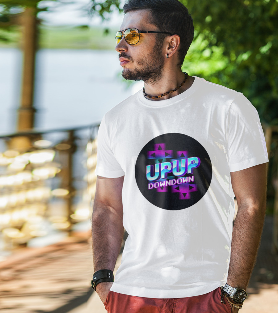 UPUP DOWNDOWN Retro Video Game Arrows Neon Text T-Shirt