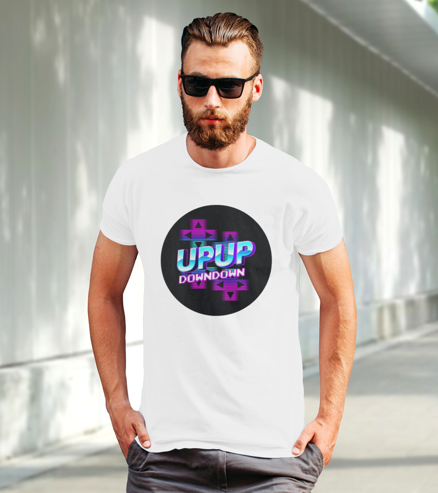 UPUP DOWNDOWN Retro Video Game Arrows Neon Text T-Shirt