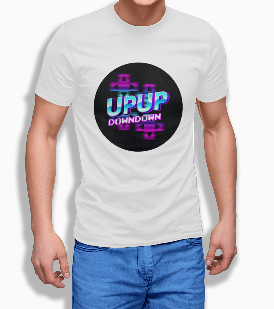 UPUP DOWNDOWN Retro Video Game Arrows Neon Text T-Shirt