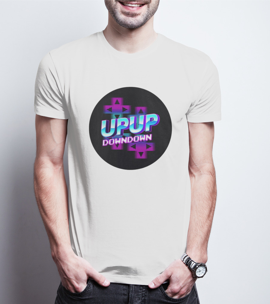 UPUP DOWNDOWN Retro Video Game Arrows Neon Text T-Shirt