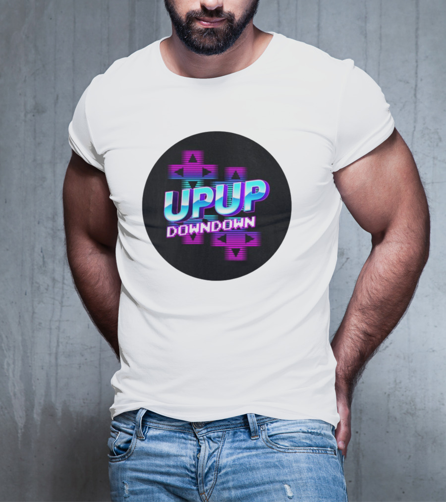 UPUP DOWNDOWN Retro Video Game Arrows Neon Text T-Shirt