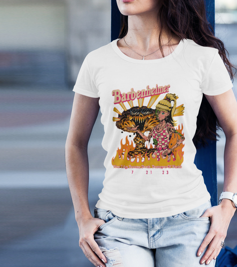 Barbenheimer Now I Am Become Death Destroyer Of Worlds 7 21 23 Retro Style Atomic Explosion Barbie Doll Flames T-Shirt