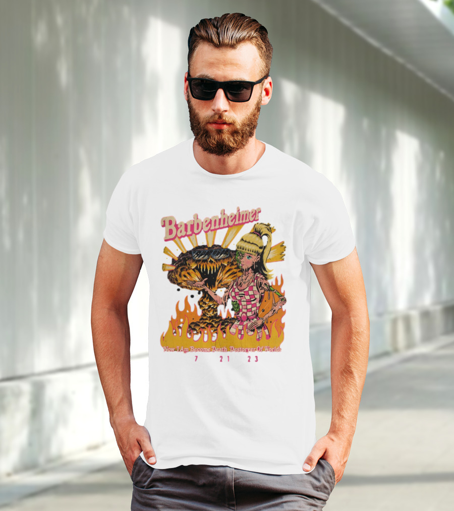 Barbenheimer Now I Am Become Death Destroyer Of Worlds 7 21 23 Retro Style Atomic Explosion Barbie Doll Flames T-Shirt